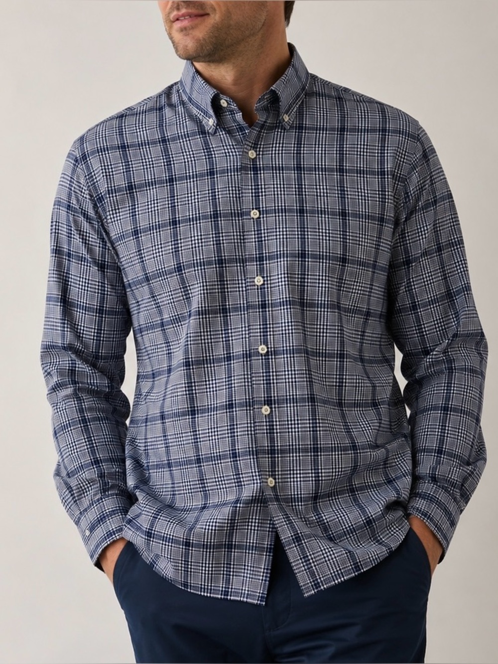 Peter Millar Men's XL Blue/White Plaid 100% Cotton Long Sleeve Dress Shirt